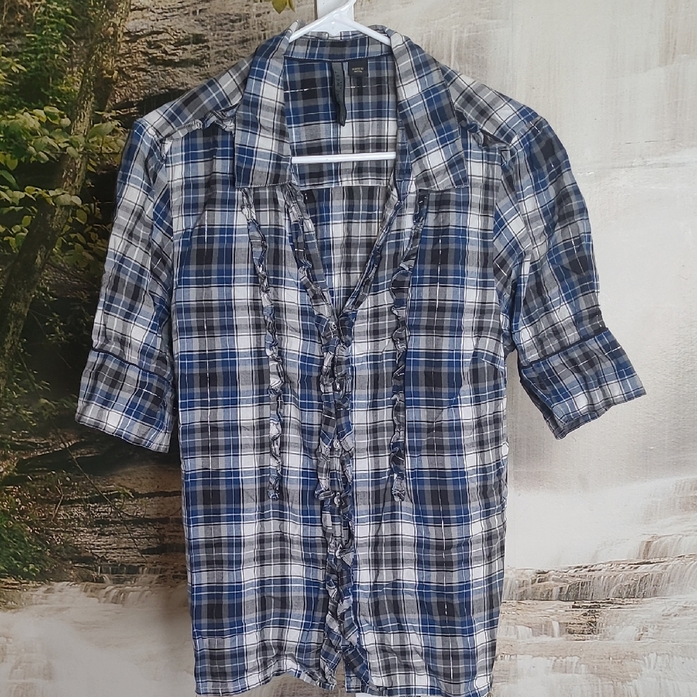 Nine West Womens Large Blue White Plaid Button Up Short Sleeve Sparkly Blouse
